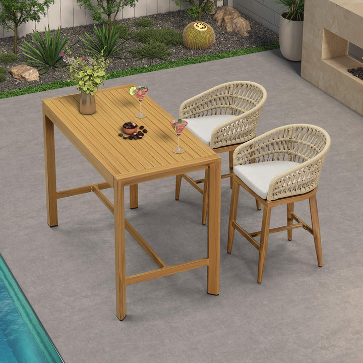 PURPLE LEAF Outdoor Bar Stools Set of 2 Weather Resistant PE Rattan, Teak 