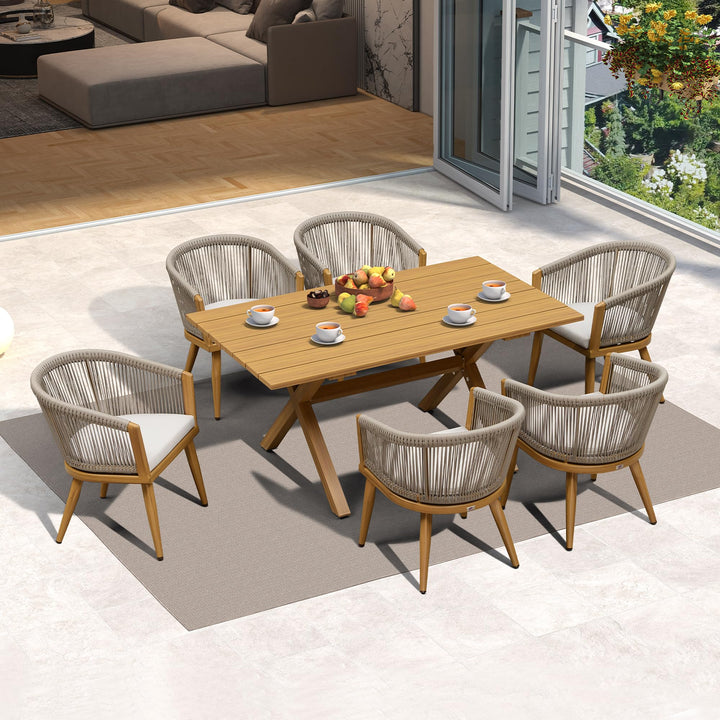 PURPLE LEAF Outdoor Dining Set for 6 with Cushions PE Rattan Teak 