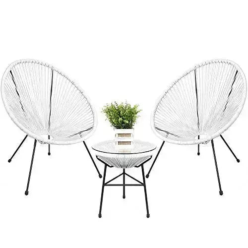 Best Choice Products 3-Piece Outdoor Acapulco All-Weather Patio Conversation Bistro Set w/Plastic Rope, Glass Top Table and 2 Chairs - White