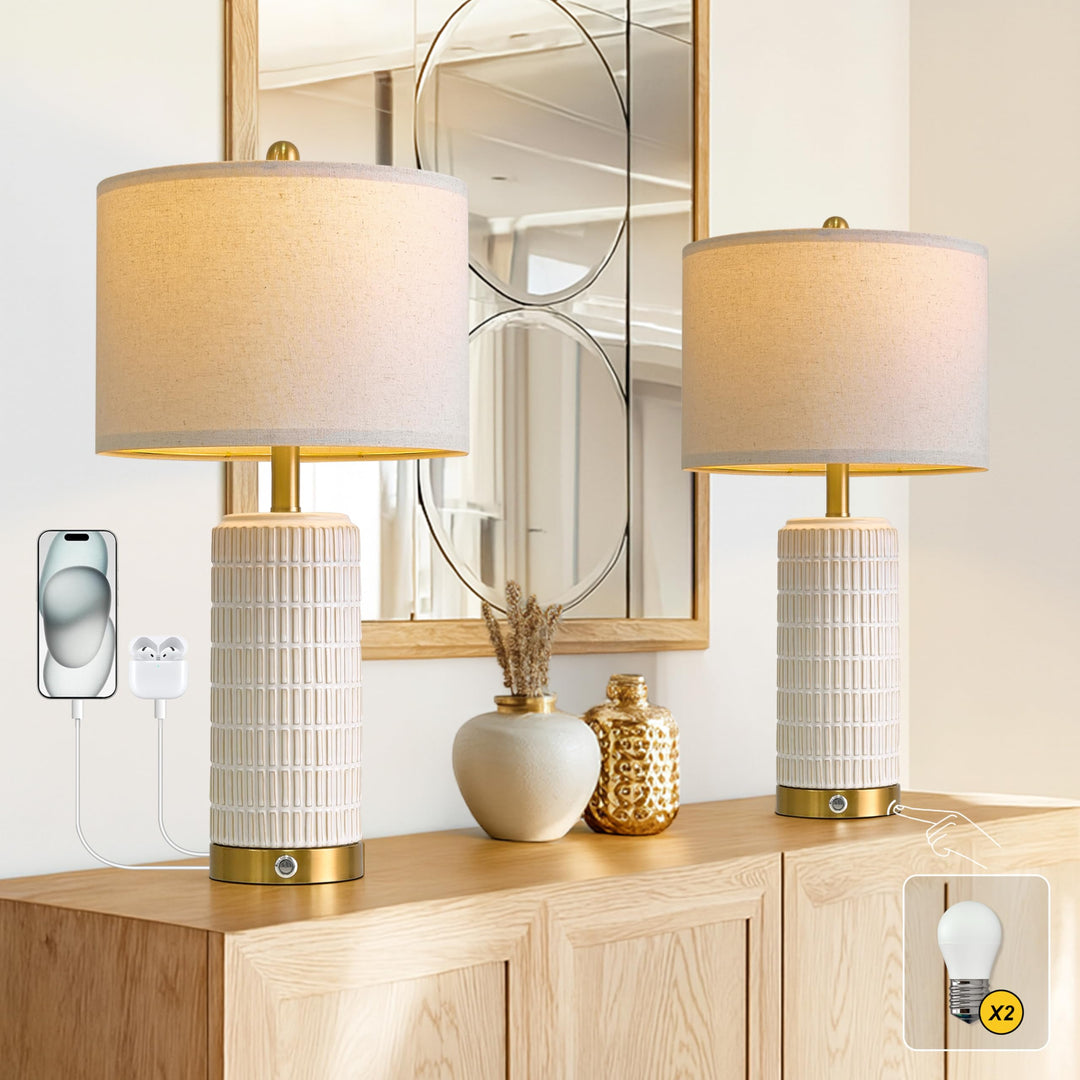 PoKat Touch Bedside Table Lamps with 2 USB for Bedroom Living Room, 25&