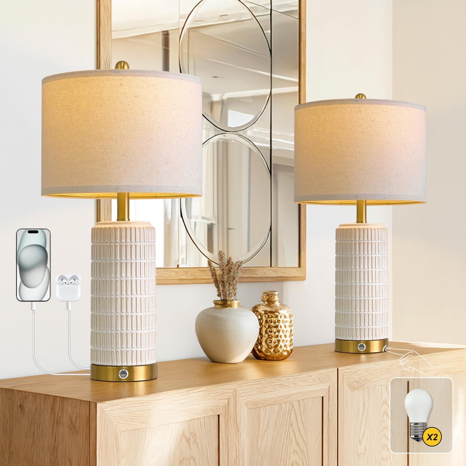 PoKat Touch Bedside Table Lamps with 2 USB for Bedroom Living Room, 25'' 