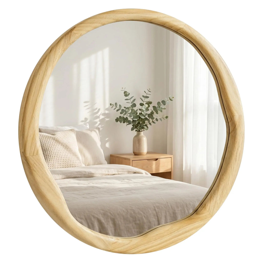 Pocetry Natural Wood 24 Inch Round Wall Mirror, Asymmetrical Inner Edge