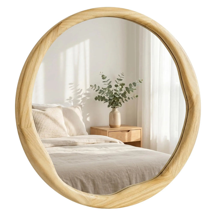 Pocetry Natural Wood 24 Inch Round Wall Mirror, Asymmetrical Inner Edge