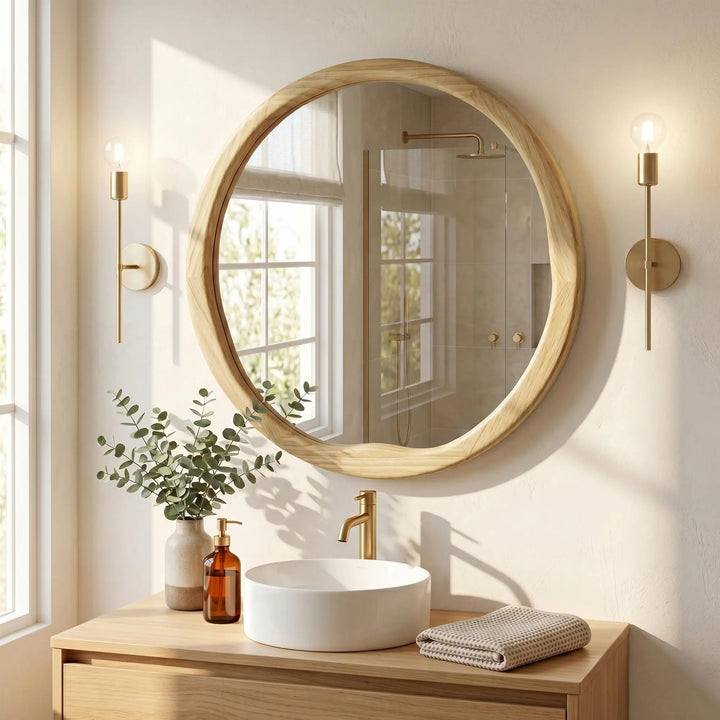 Pocetry Natural Wood 24 Inch Round Wall Mirror, Asymmetrical Inner Edge