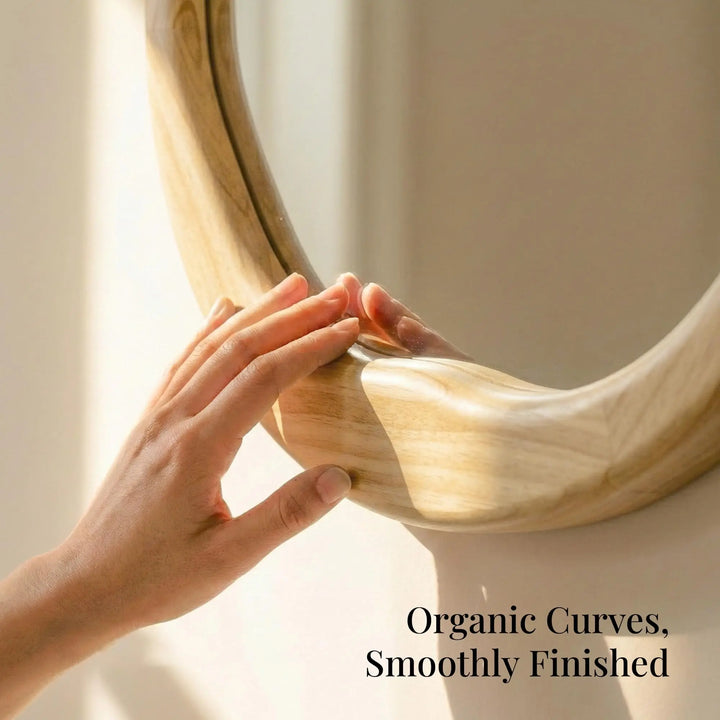 Pocetry Natural Wood 24 Inch Round Wall Mirror, Asymmetrical Inner Edge