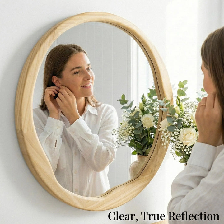 Pocetry Natural Wood 24 Inch Round Wall Mirror, Asymmetrical Inner Edge