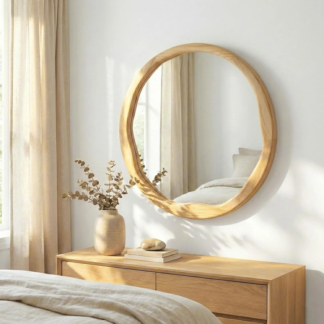 Pocetry Natural Wood 24 Inch Round Wall Mirror, Asymmetrical Inner Edge