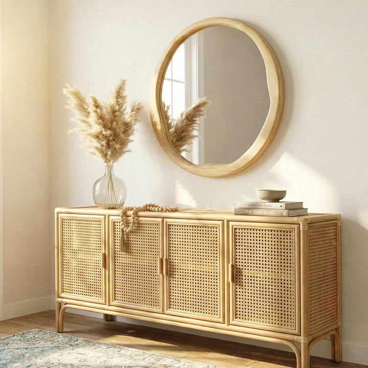 Pocetry Natural Wood 24 Inch Round Wall Mirror, Asymmetrical Inner Edge