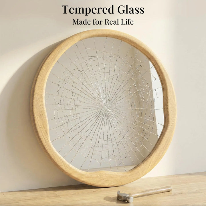 Pocetry Natural Wood 24 Inch Round Wall Mirror, Asymmetrical Inner Edge