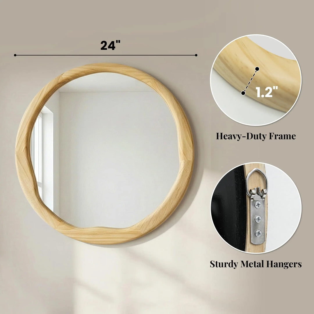 Pocetry Natural Wood 24 Inch Round Wall Mirror, Asymmetrical Inner Edge