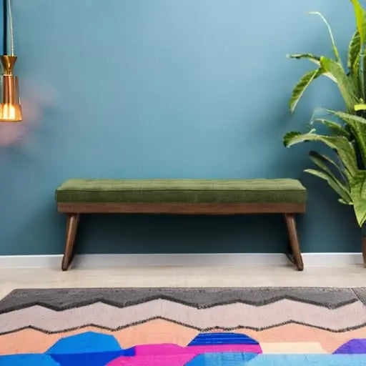 Poly &amp; BARK Luca Fabric Bench, Tufted Upholstered, Mid Century, Green