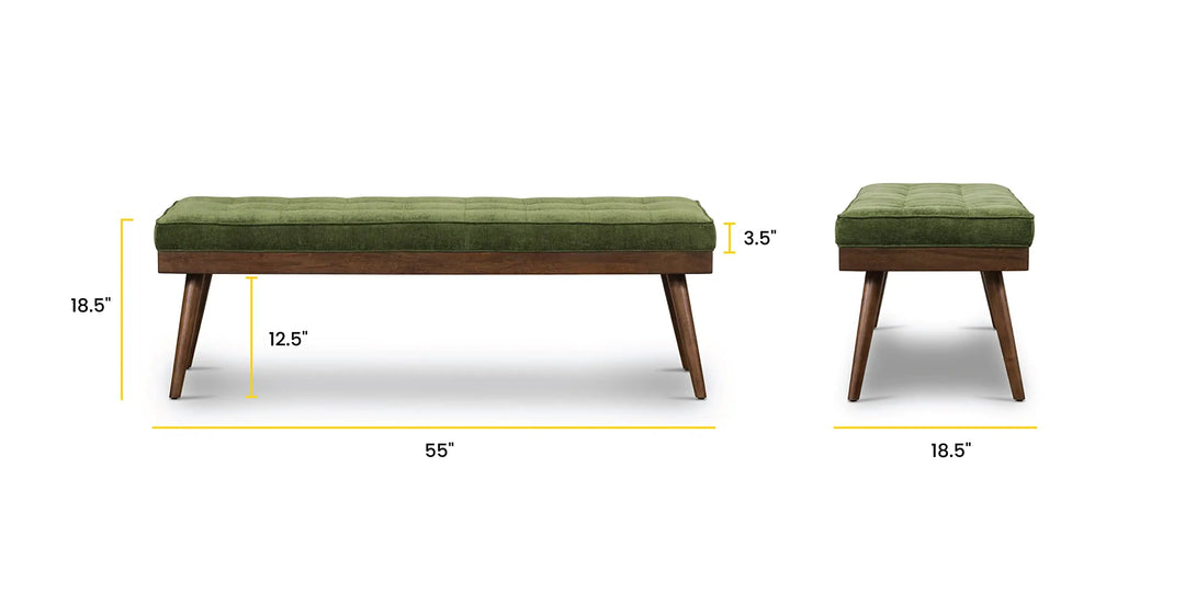 Poly &amp; BARK Luca Fabric Bench, Tufted Upholstered, Mid Century, Green