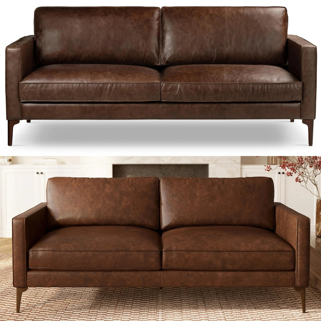 Poly &amp; Bark Mateo 82" Sofa, Chocolate Brown Full-Grain Pure-Aniline Italian Leather