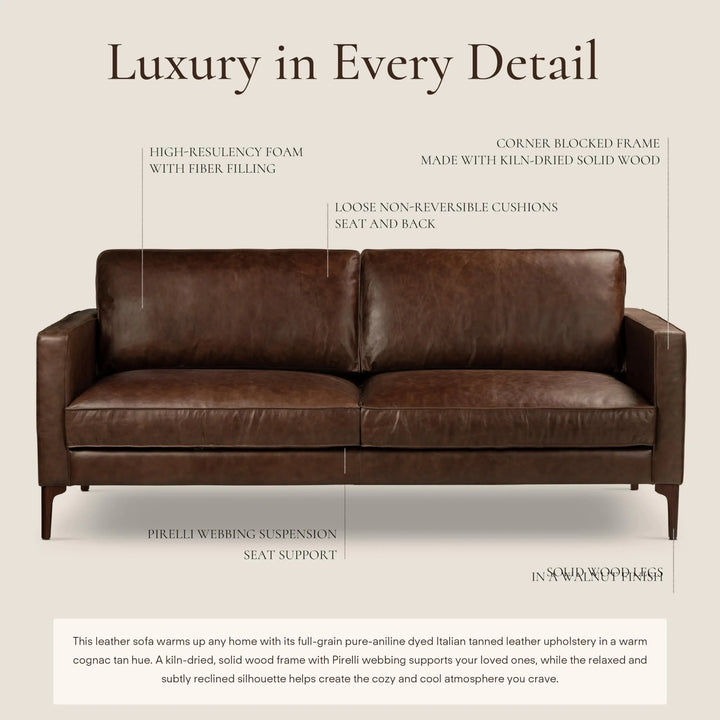 Poly &amp; Bark Mateo 82" Sofa, Chocolate Brown Full-Grain Pure-Aniline Italian Leather