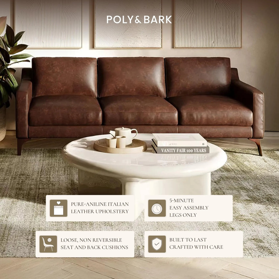 Poly &amp; Bark Mateo 82" Sofa, Chocolate Brown Full-Grain Pure-Aniline Italian Leather