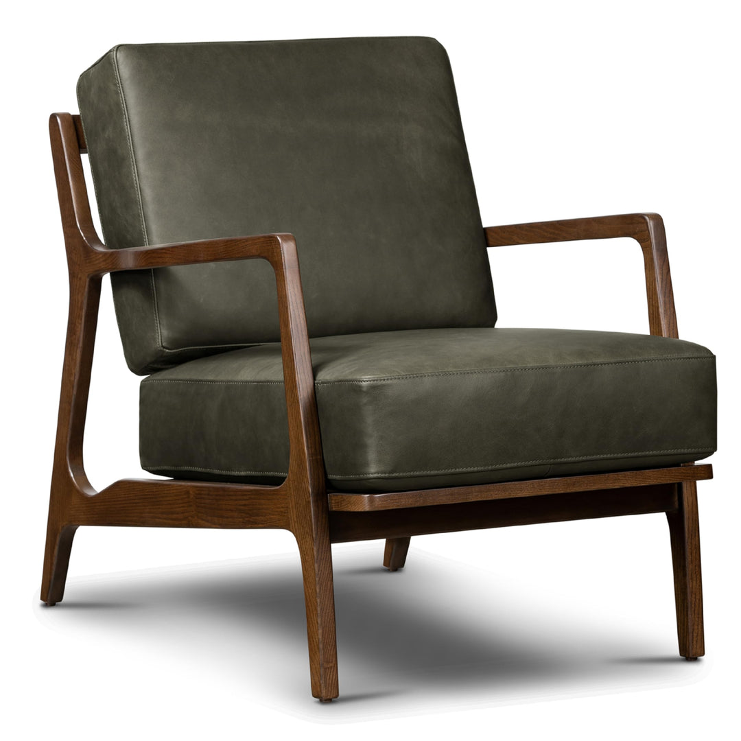 Poly &amp; Bark Verity Leather Accent Chair – Armchair with Walnut Wood Frame – Fashion-Forward Lounge Seating for Living Room – Upholstered in Olivine Green Leather for Modern Style 