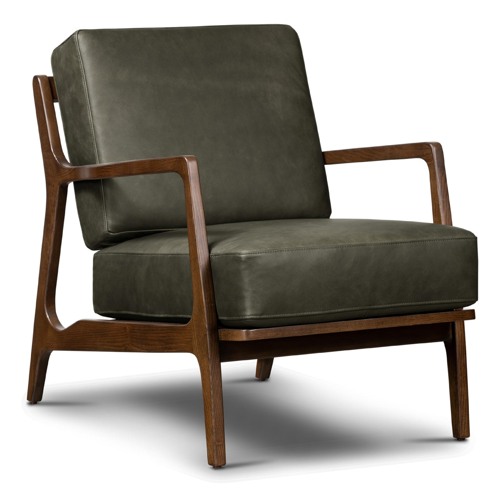 Poly & Bark Verity Leather Accent Chair – Armchair with Walnut Wood Frame – Fashion-Forward Lounge Seating for Living Room – Upholstered in Olivine Green Leather for Modern Style 