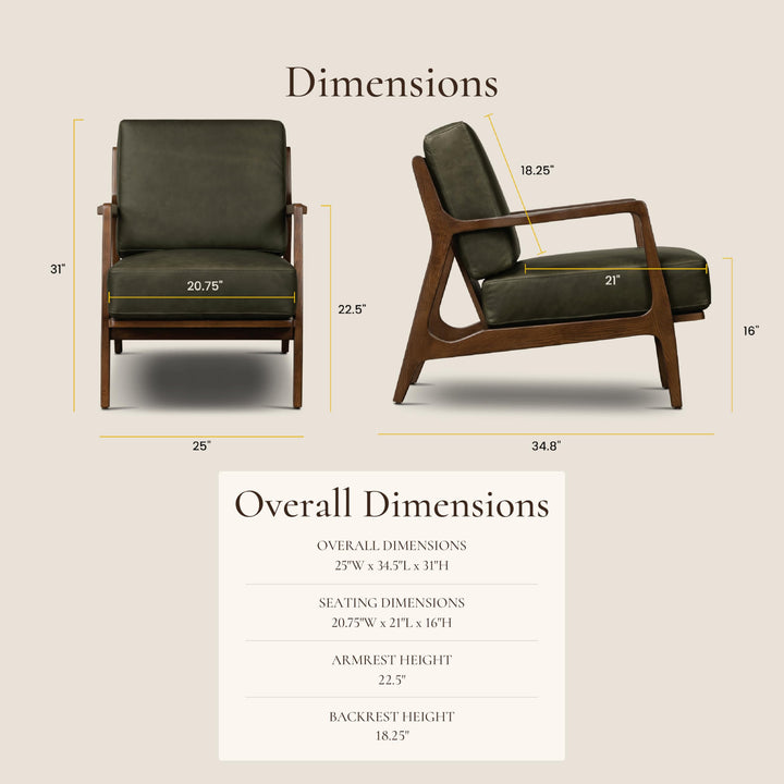 Poly &amp; Bark Verity Leather Accent Chair – Armchair with Walnut Wood Frame – Fashion-Forward Lounge Seating for Living Room – Upholstered in Olivine Green Leather for Modern Style 