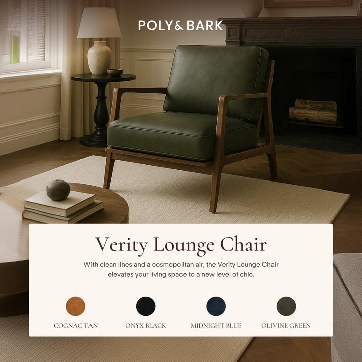 Poly &amp; Bark Verity Leather Accent Chair – Armchair with Walnut Wood Frame – Fashion-Forward Lounge Seating for Living Room – Upholstered in Olivine Green Leather for Modern Style 