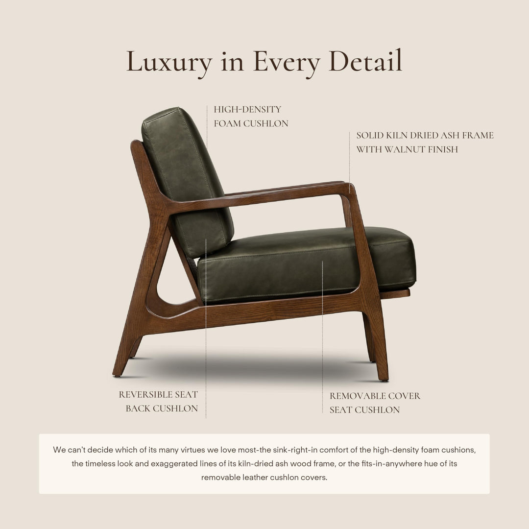 Poly &amp; Bark Verity Leather Accent Chair – Armchair with Walnut Wood Frame – Fashion-Forward Lounge Seating for Living Room – Upholstered in Olivine Green Leather for Modern Style 