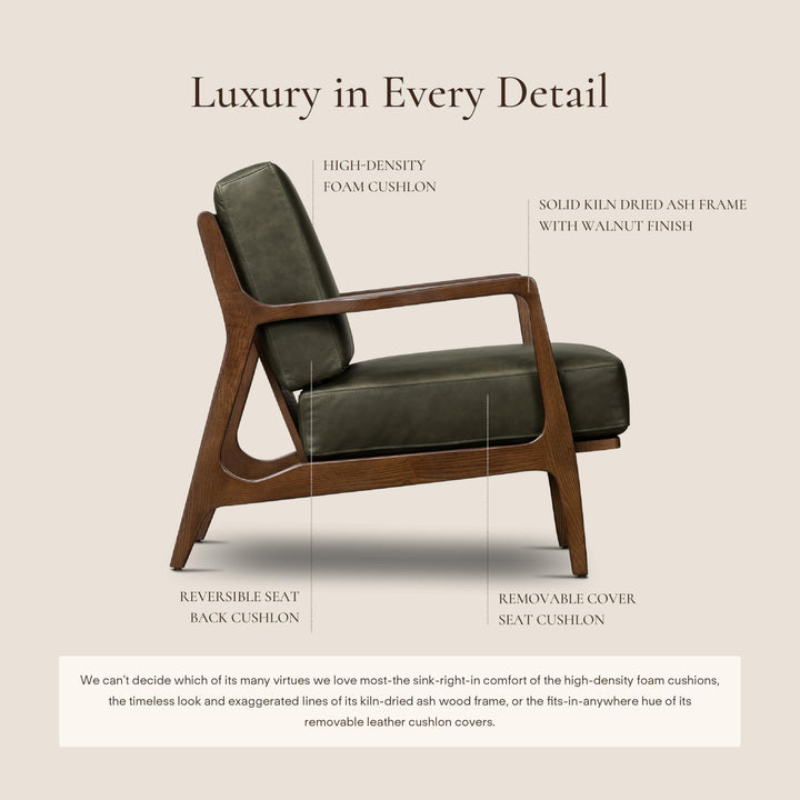 Poly &amp; Bark Verity Leather Accent Chair – Armchair with Walnut Wood Frame – Fashion-Forward Lounge Seating for Living Room – Upholstered in Olivine Green Leather for Modern Style 