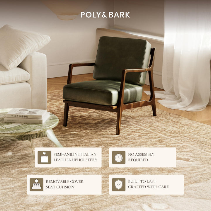 Poly &amp; Bark Verity Leather Accent Chair – Armchair with Walnut Wood Frame – Fashion-Forward Lounge Seating for Living Room – Upholstered in Olivine Green Leather for Modern Style 
