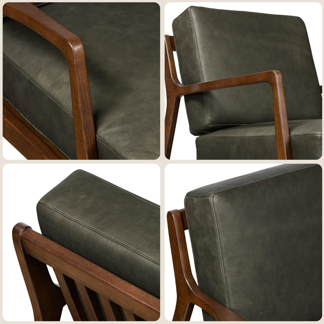 Poly &amp; Bark Verity Leather Accent Chair – Armchair with Walnut Wood Frame – Fashion-Forward Lounge Seating for Living Room – Upholstered in Olivine Green Leather for Modern Style 
