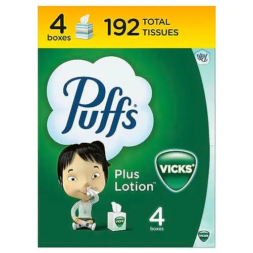 Puffs Plus Lotion with Vicks Facial Tissues, 4 Cubes, 48 Tissues per Box 