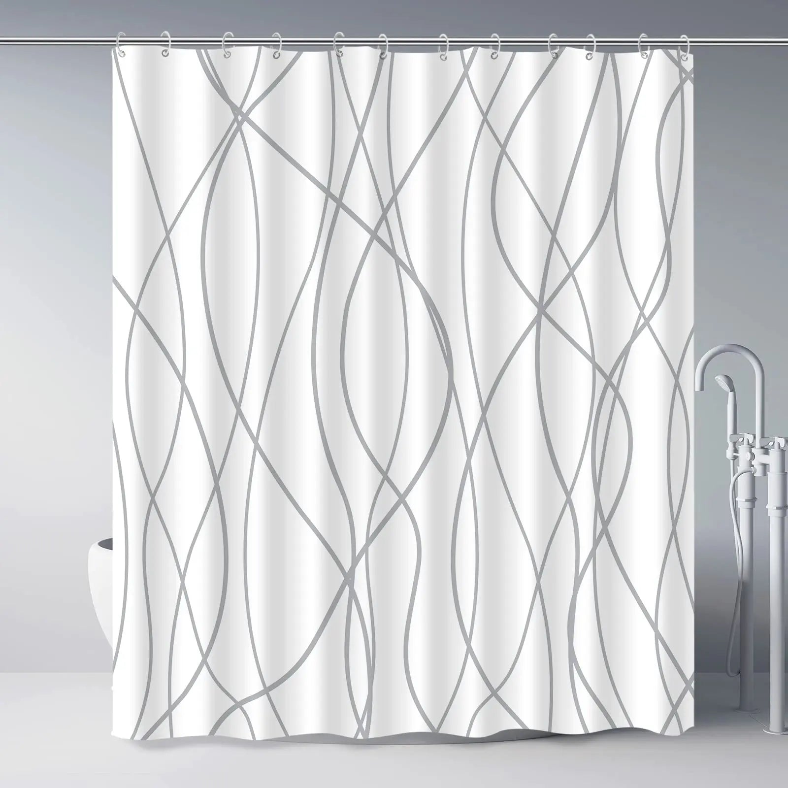 Punkray Grey and White Striped Fabric Shower Curtain with 12 Hooks, 72" 