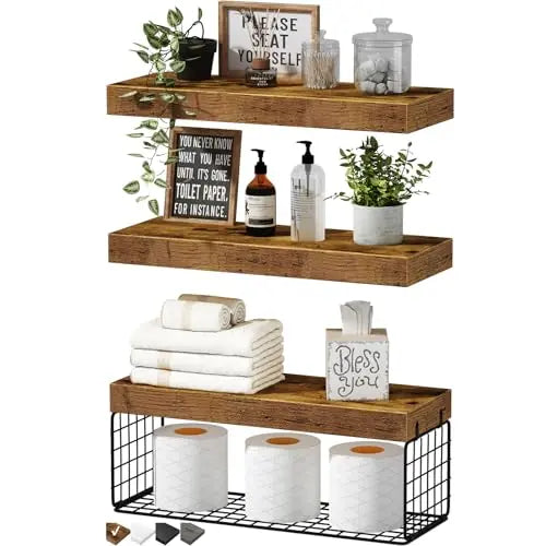 QEEIG Bathroom Shelves Over Toilet Wall Mounted Floating Shelves Farmhouse Shelf Toilet Paper Storage Small 16 inch Set of 3, Rustic Brown (019-BN3) 
