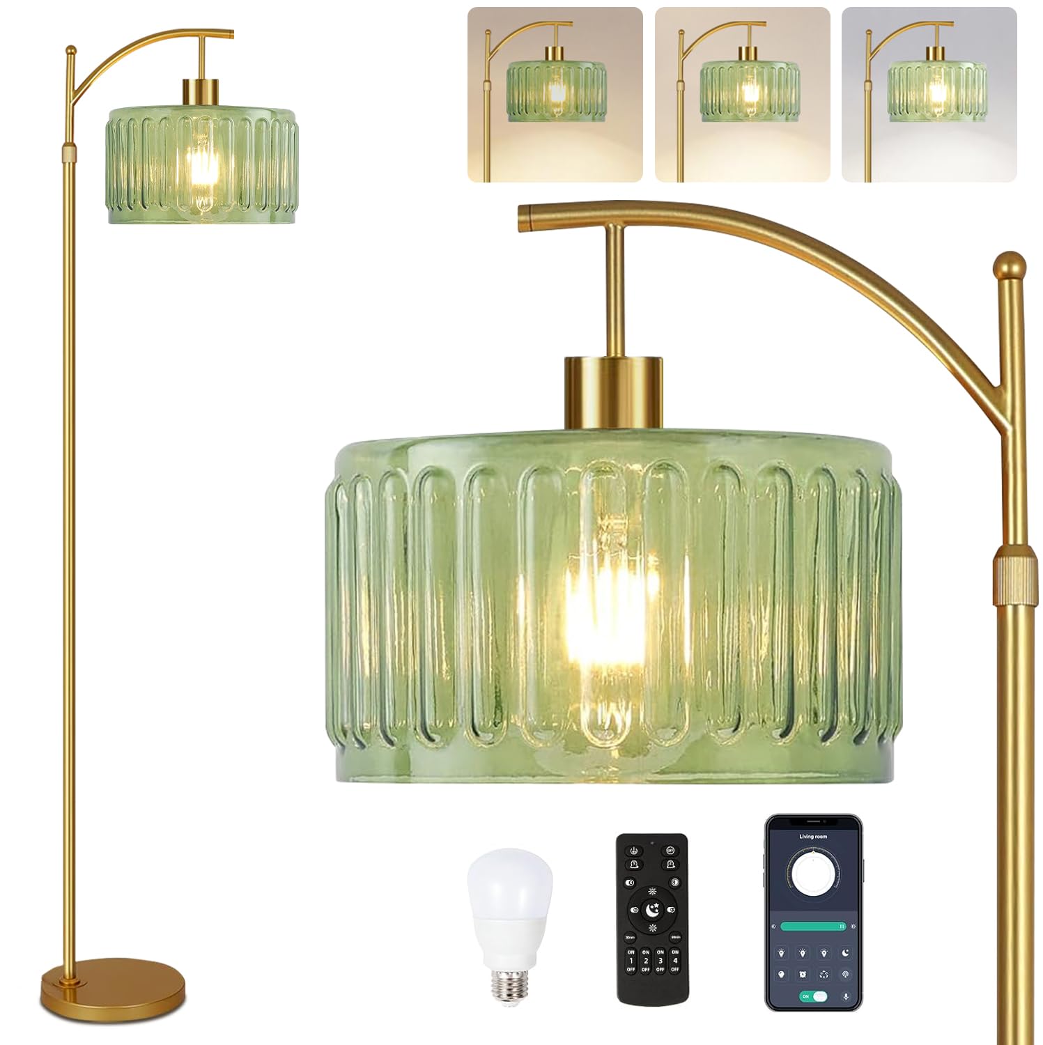 QIYIZM Glass Floor Lamp for Living Room,Bedroom,Gold Dimmable Standing Lamp with Remote,Mid Century Modern Brass Tall Lamp Boho Vintage Retro Floor Lamps Arc Green Flower Floor Light Lamp Bohemian 