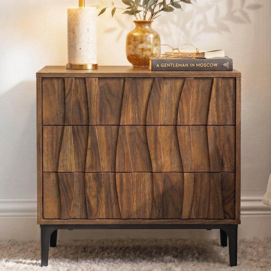 RIHHA 3-Drawer Nightstand, 3D Wave Front, Walnut 
