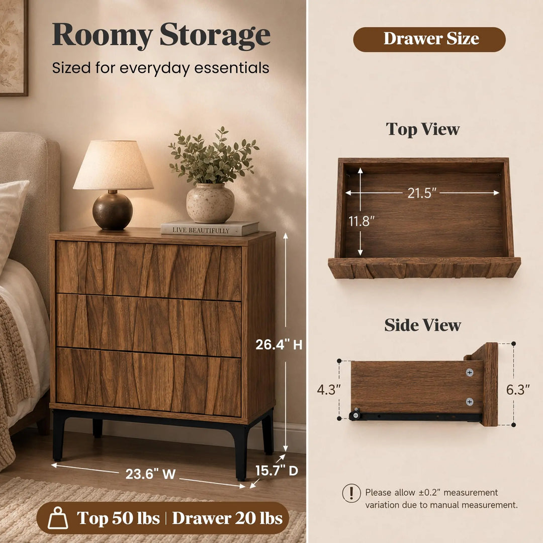 RIHHA 3-Drawer Nightstand, 3D Wave Front, Walnut 
