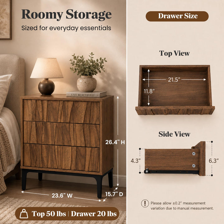 RIHHA 3-Drawer Nightstand, 3D Wave Front, Walnut 