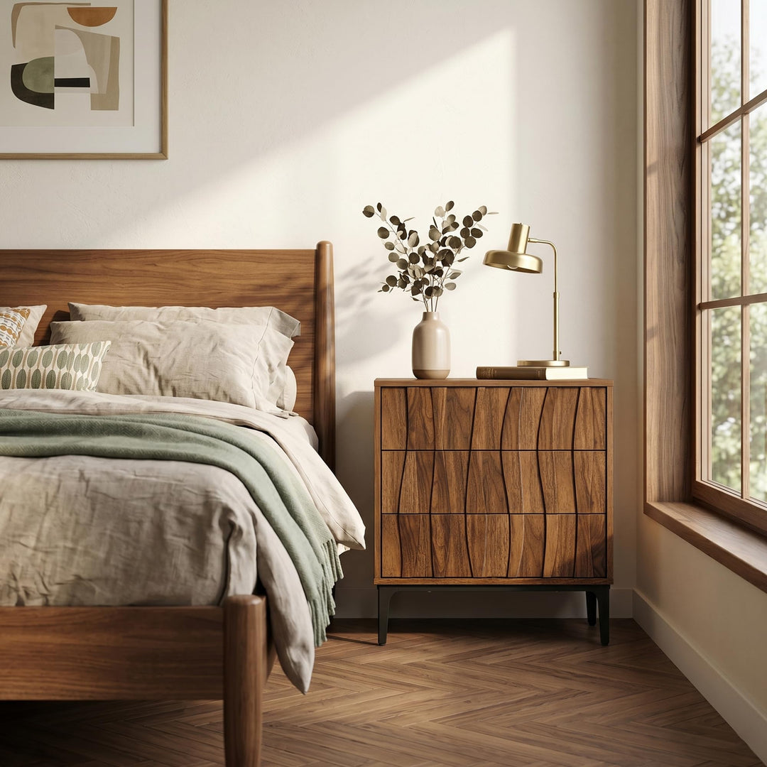 RIHHA 3-Drawer Nightstand, 3D Wave Front, Walnut 