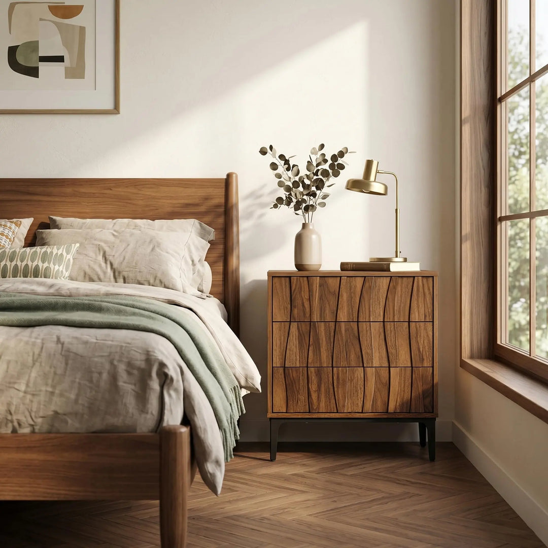 RIHHA 3-Drawer Nightstand, 3D Wave Front, Walnut 