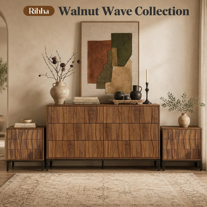 RIHHA 3-Drawer Nightstand, 3D Wave Front, Walnut 