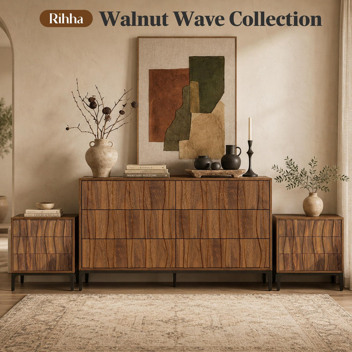 RIHHA 3-Drawer Nightstand, 3D Wave Front, Walnut 