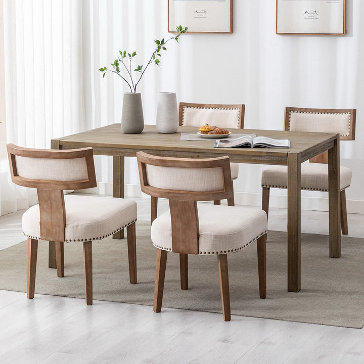 RIVOVA Mid Century Modern Dining Chairs Set of 6 Linen Fabric Upholstered Kitchen Side Chairs with Nailhead Trim, Modern Kitchen Armless Solid Wood Dining Chairs, Beige 