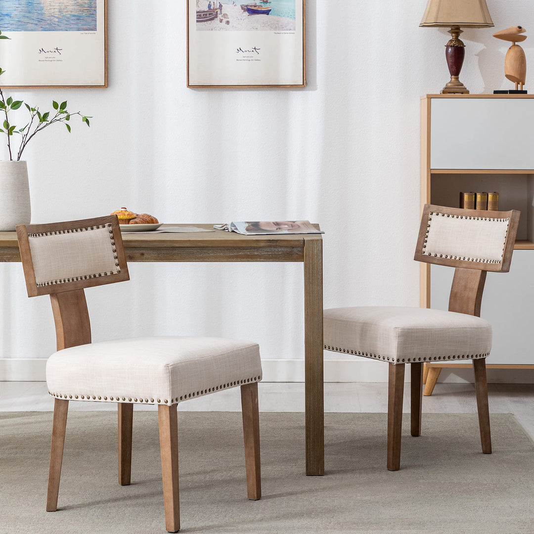 RIVOVA Mid Century Modern Dining Chairs Set of 6 Linen Fabric Upholstered Kitchen Side Chairs with Nailhead Trim, Modern Kitchen Armless Solid Wood Dining Chairs, Beige 