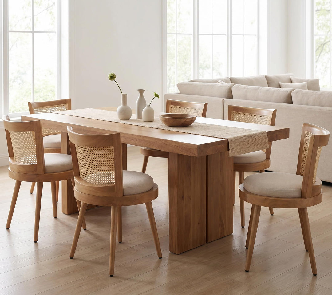 RIVOVA Modern Farmhouse Rattan Dining Chairs Set of 6 Natural Wood Kitchen Chairs Beige Upholstered Linen Dining Chairs Cane Country Dining Room Chairs 