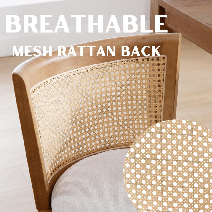RIVOVA Modern Farmhouse Rattan Dining Chairs Set of 6 Natural Wood Kitchen Chairs Beige Upholstered Linen Dining Chairs Cane Country Dining Room Chairs 