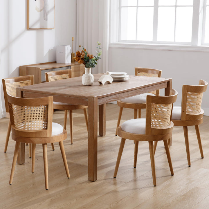 RIVOVA Modern Farmhouse Rattan Dining Chairs Set of 6 Natural Wood Kitchen Chairs Beige Upholstered Linen Dining Chairs Cane Country Dining Room Chairs 