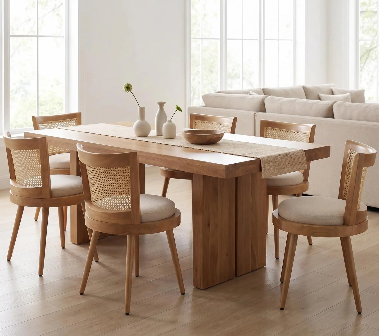 RIVOVA Modern Farmhouse Rattan Dining Chairs Set of 6 Natural Wood Kitchen Chairs Beige Upholstered Linen Dining Chairs Cane Country Dining Room Chairs 