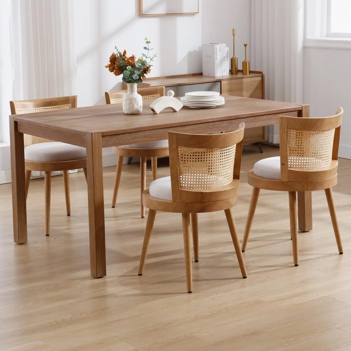 RIVOVA Modern Farmhouse Rattan Dining Chairs Set of 6 Natural Wood Kitchen Chairs Beige Upholstered Linen Dining Chairs Cane Country Dining Room Chairs 