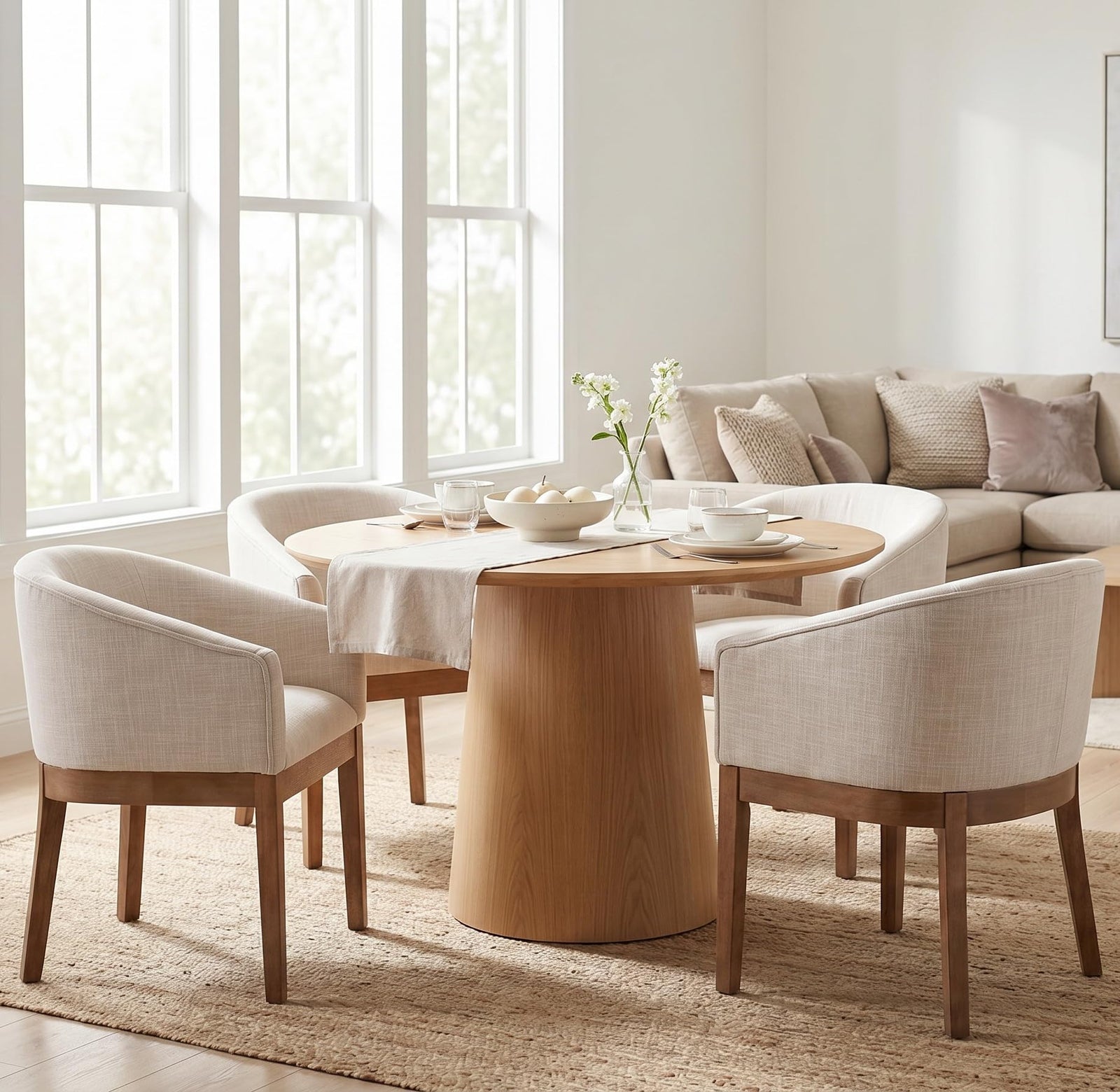 RIVOVA Upholstered Dining Chairs Set of 4 Modern Linen Dining Room Chairs Curved Back Kitchen Chairs with Black Wood Legs Barrel Accent Arm Chairs Mid-Century Farmhouse Side Chairs, Beige 