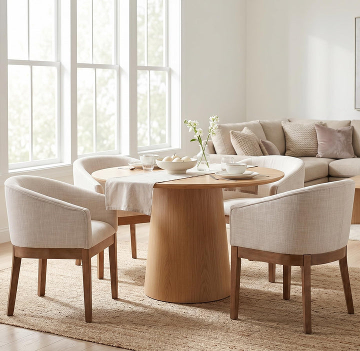 RIVOVA Upholstered Dining Chairs Set of 4 Modern Linen Dining Room Chairs Curved Back Kitchen Chairs with Black Wood Legs Barrel Accent Arm Chairs Mid-Century Farmhouse Side Chairs, Beige 