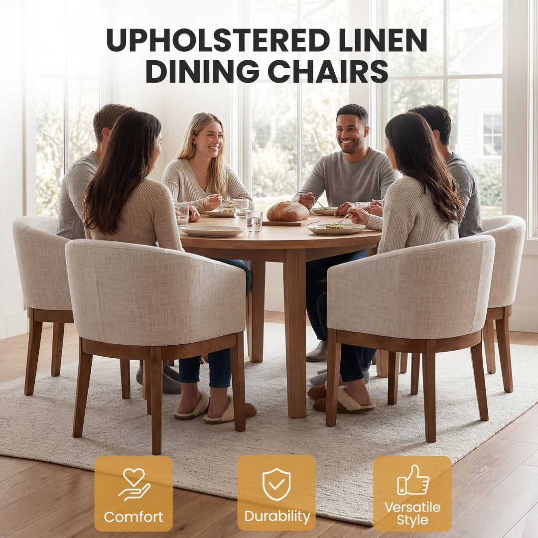 RIVOVA Upholstered Dining Chairs Set of 4 Modern Linen Dining Room Chairs Curved Back Kitchen Chairs with Black Wood Legs Barrel Accent Arm Chairs Mid-Century Farmhouse Side Chairs, Beige 