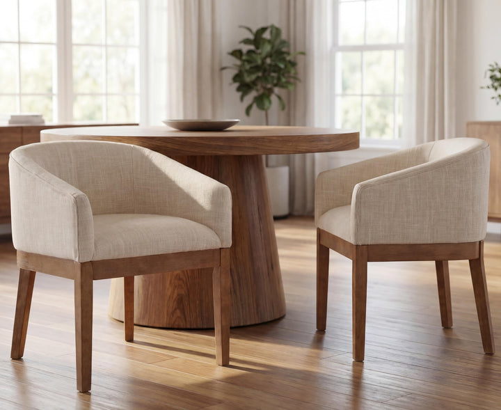 RIVOVA Upholstered Dining Chairs Set of 4 Modern Linen Dining Room Chairs Curved Back Kitchen Chairs with Black Wood Legs Barrel Accent Arm Chairs Mid-Century Farmhouse Side Chairs, Beige 