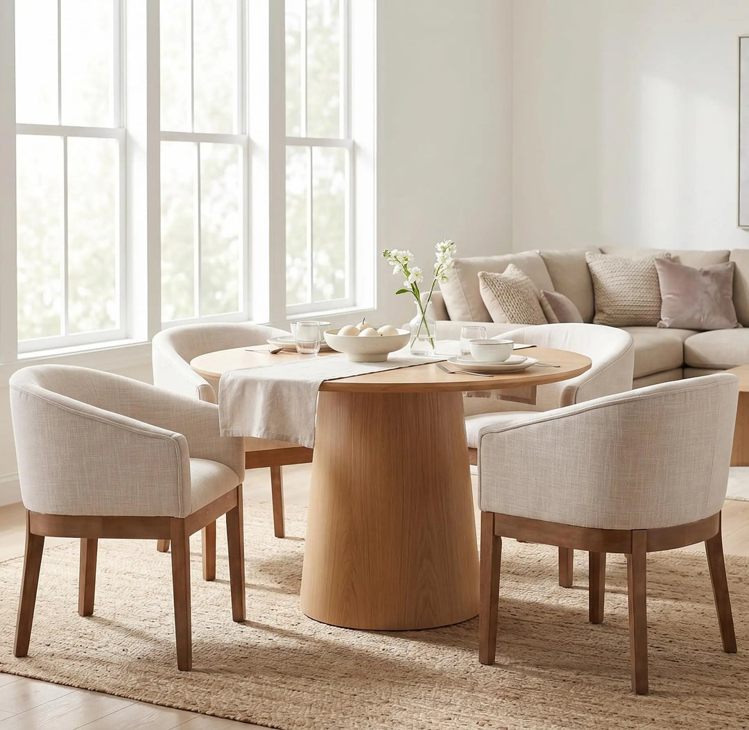 RIVOVA Upholstered Dining Chairs Set of 4 Modern Linen Dining Room Chairs Curved Back Kitchen Chairs with Black Wood Legs Barrel Accent Arm Chairs Mid-Century Farmhouse Side Chairs, Beige 